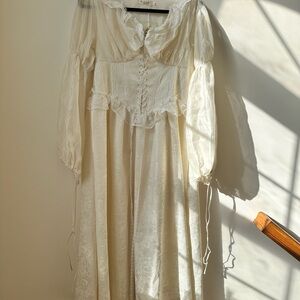 Victorian Inspired Elegant Cream Long Sleeve Dress Lace Ruffles